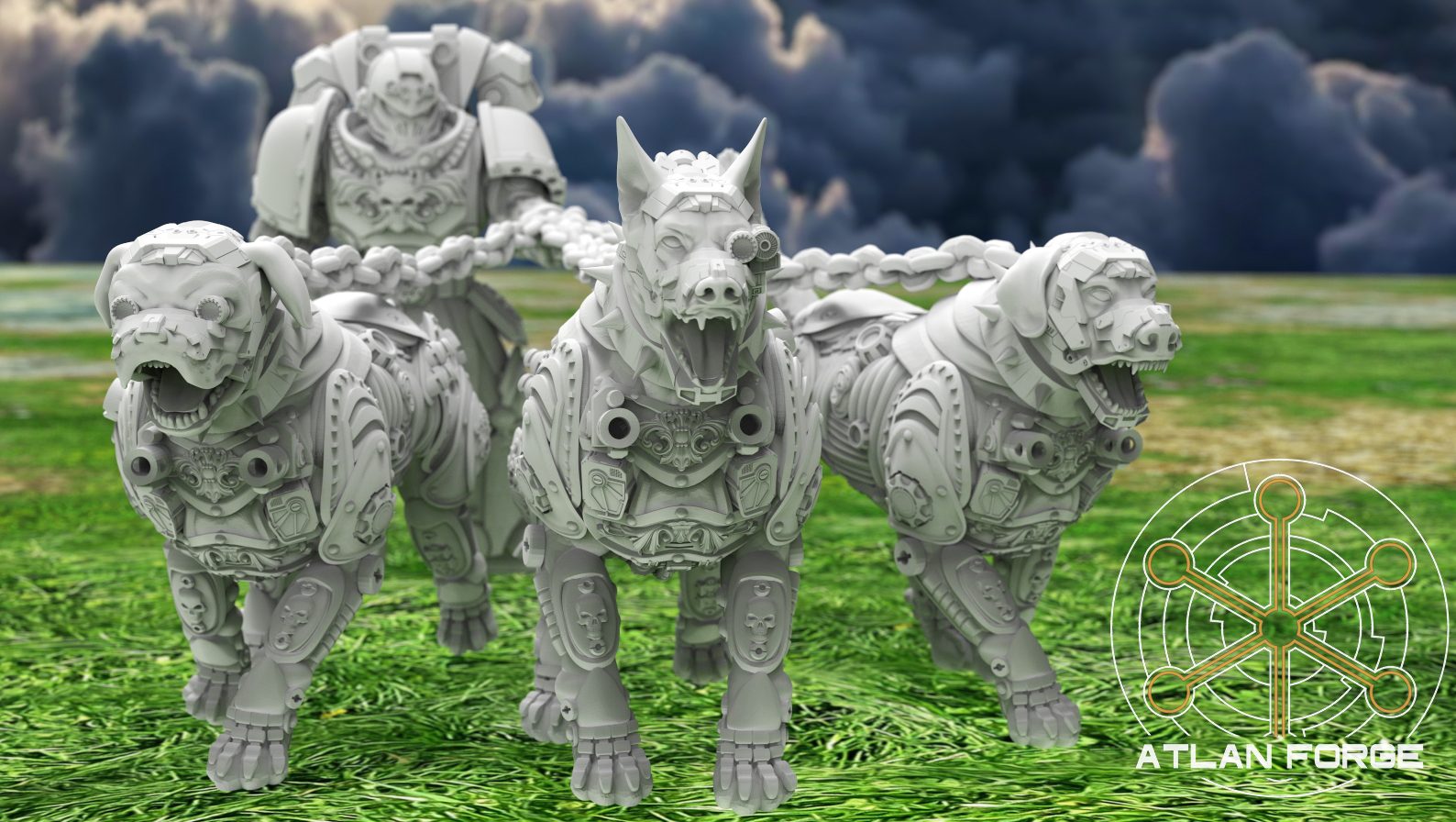 Full squad of three cyber-augmented war hounds with handler behind, front-facing group shot