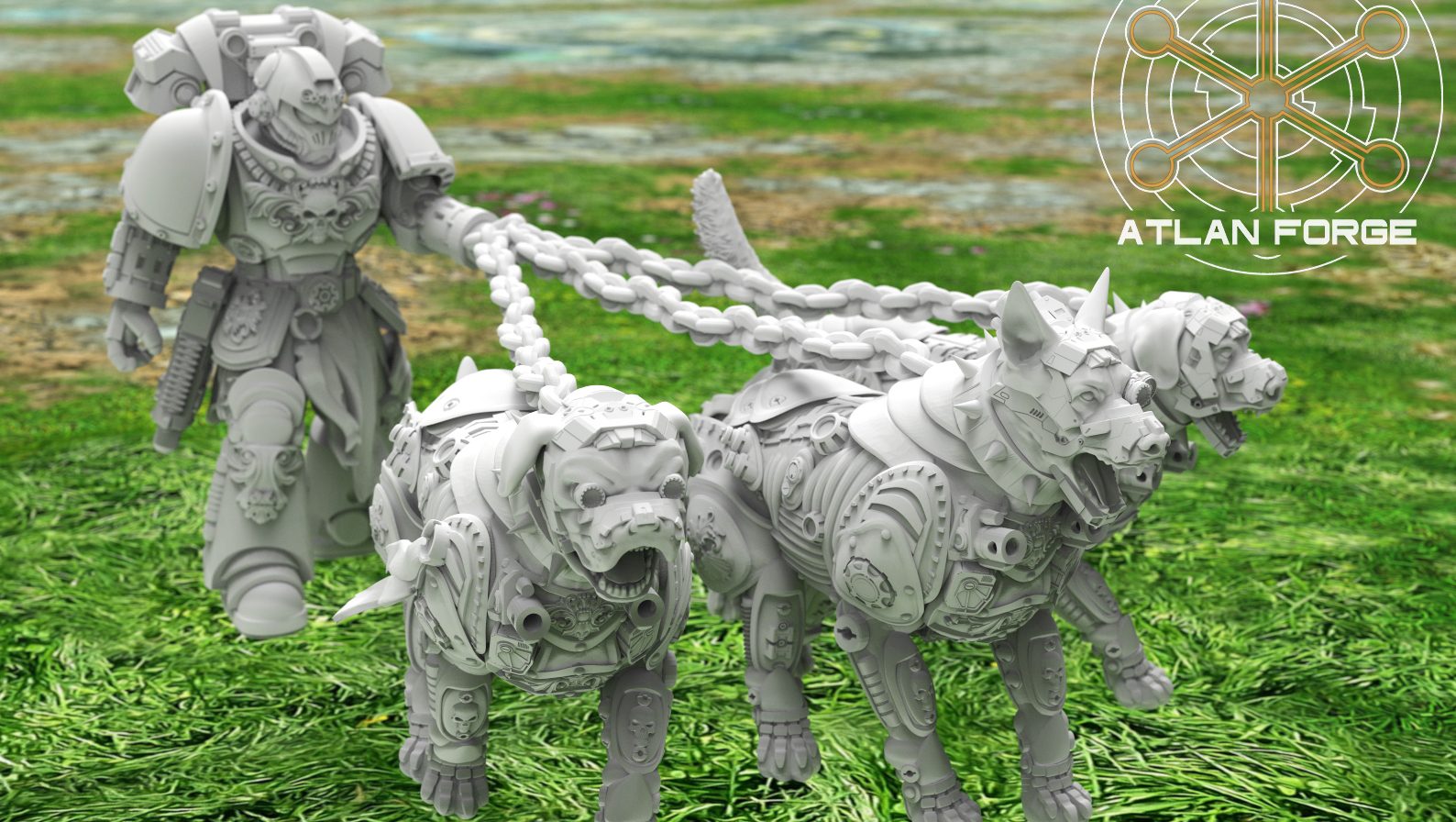 Handler walking three armoured hounds on heavy chains, side-angle view showing squad movement pose