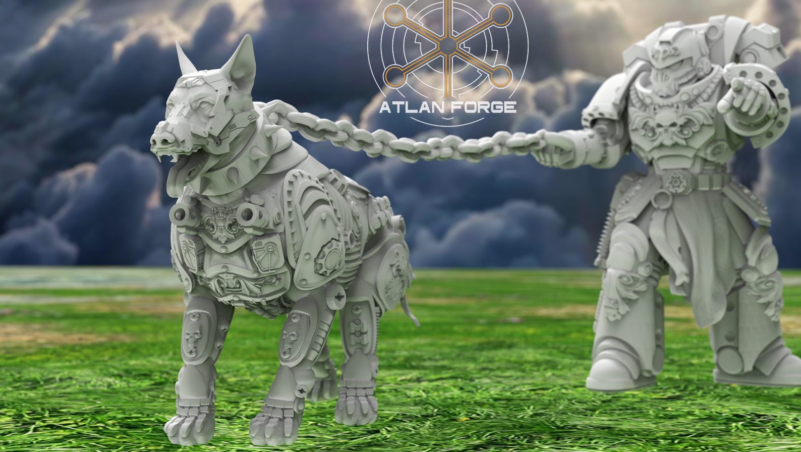 Single large cyber-hound with pointed ears held on chain by handler, left side profile view