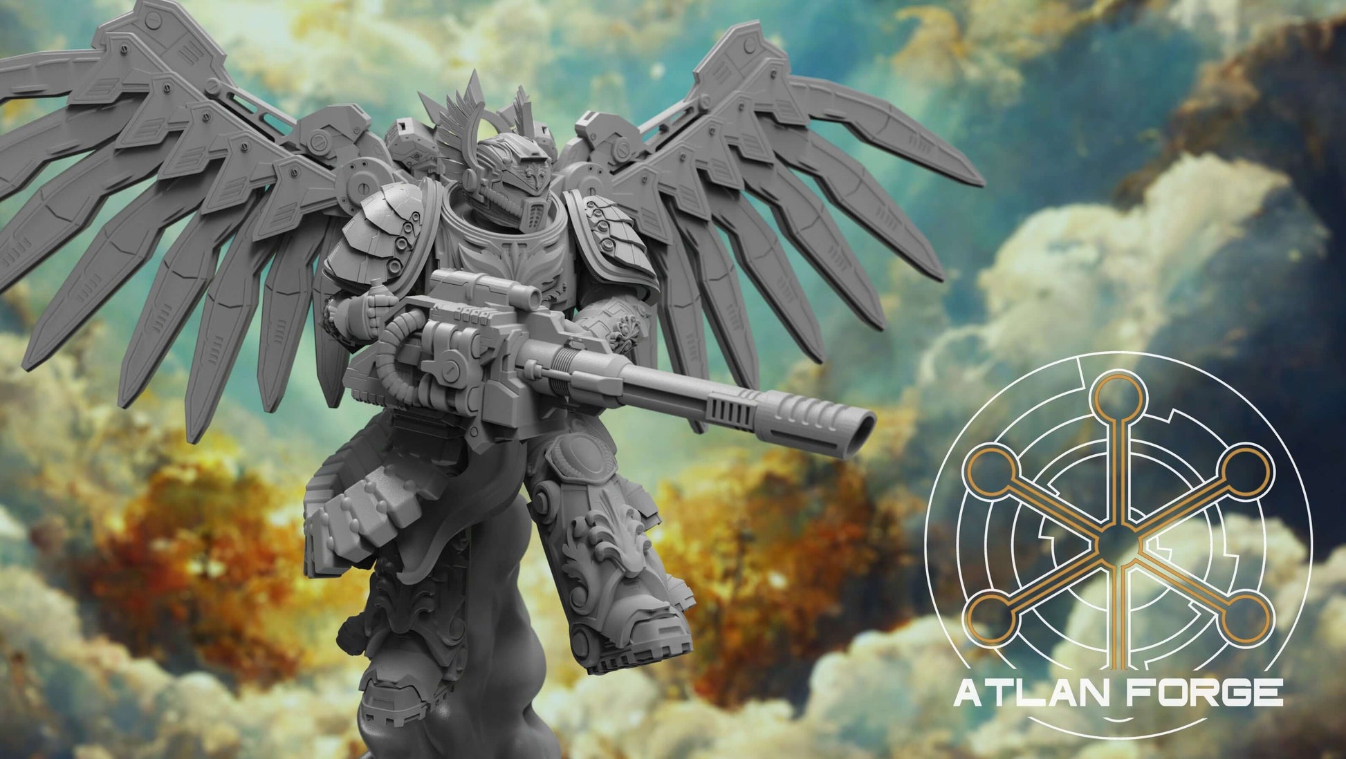 Angelic Flying Artilleryman miniature in grey resin by Atlan Forge, perfect for sci-fi wargaming.