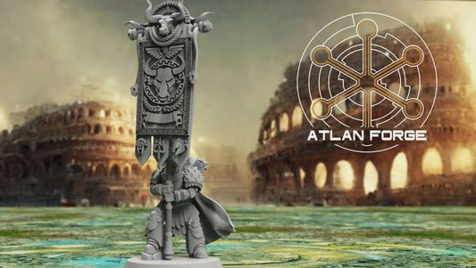Minoan War Banners standard bearer miniature from Atlan Forge for sci-fi wargaming, featuring ancient Greek design elements.