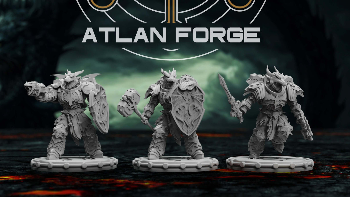 Dragon Knights Veterans miniatures set by Atlan Forge in grey resin, perfect for sci-fi wargaming and tabletop battles.