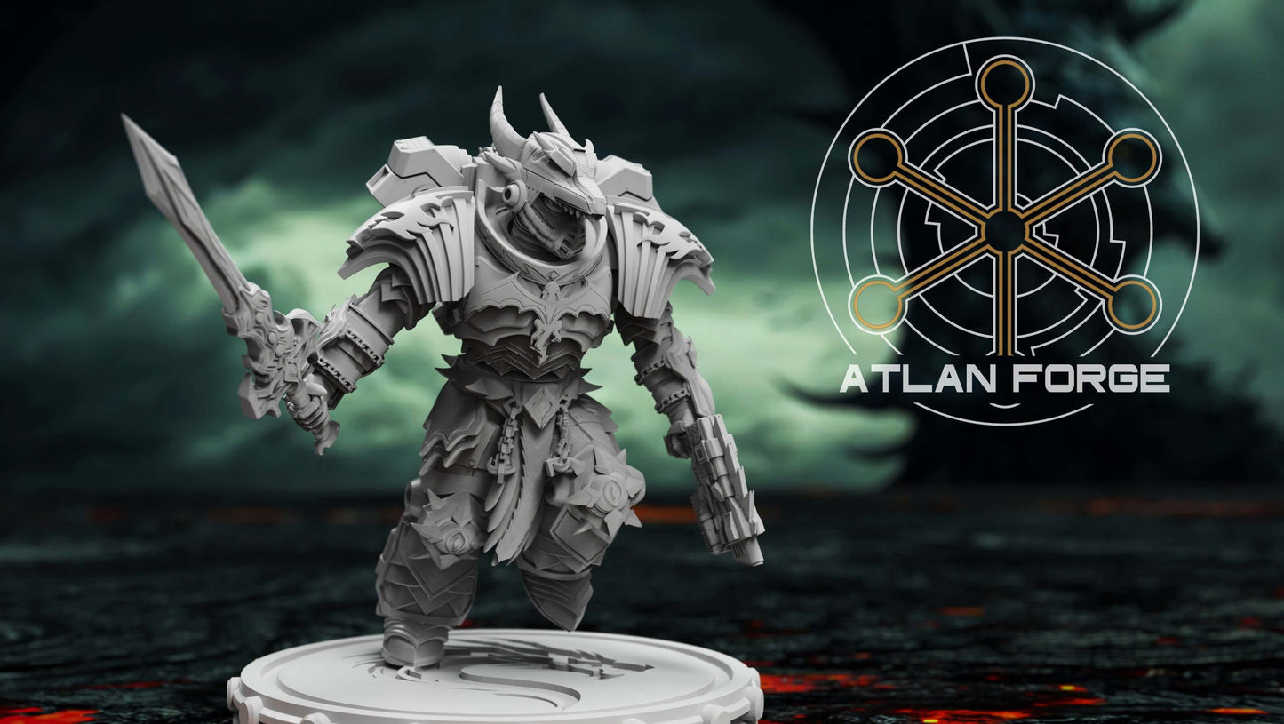 Dragon Knights Veterans miniature by Atlan Forge, detailed sci-fi wargaming model in grey resin on custom base.
