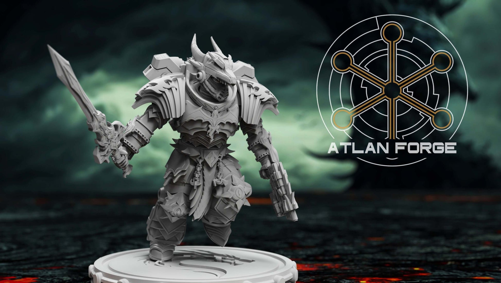 Dragon Knights Veterans miniature by Atlan Forge, detailed sci-fi wargaming model in grey resin on custom base.