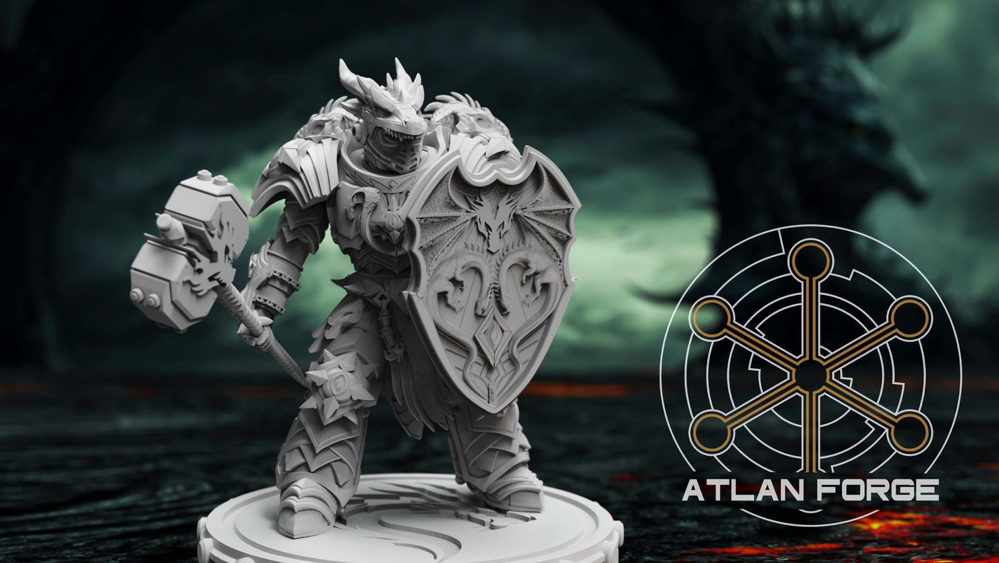 Dragon Knights Veterans miniature by Atlan Forge, ideal for sci-fi wargaming with detailed armor and shield design.