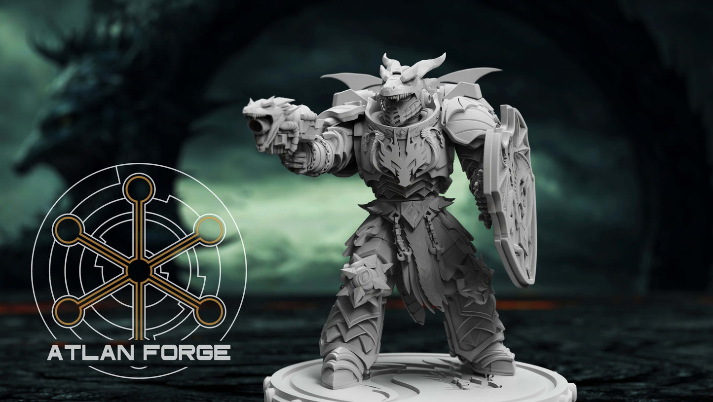 Dragon Knights Veteran miniature by Atlan Forge, high-quality sci-fi wargaming model in grey resin, detailed and durable.
