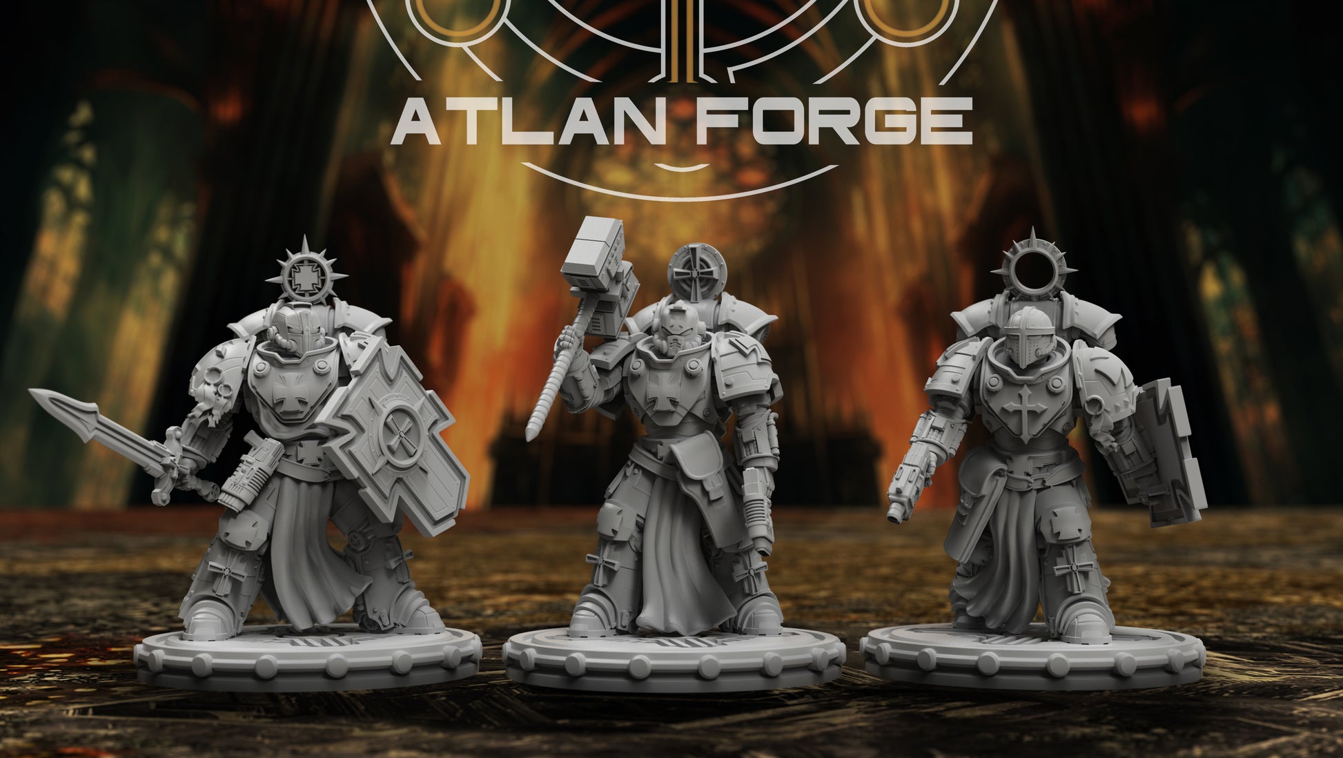 Three Templar Veterans miniatures in knightly armor, armed with weapons, designed for sci-fi tabletop gaming.