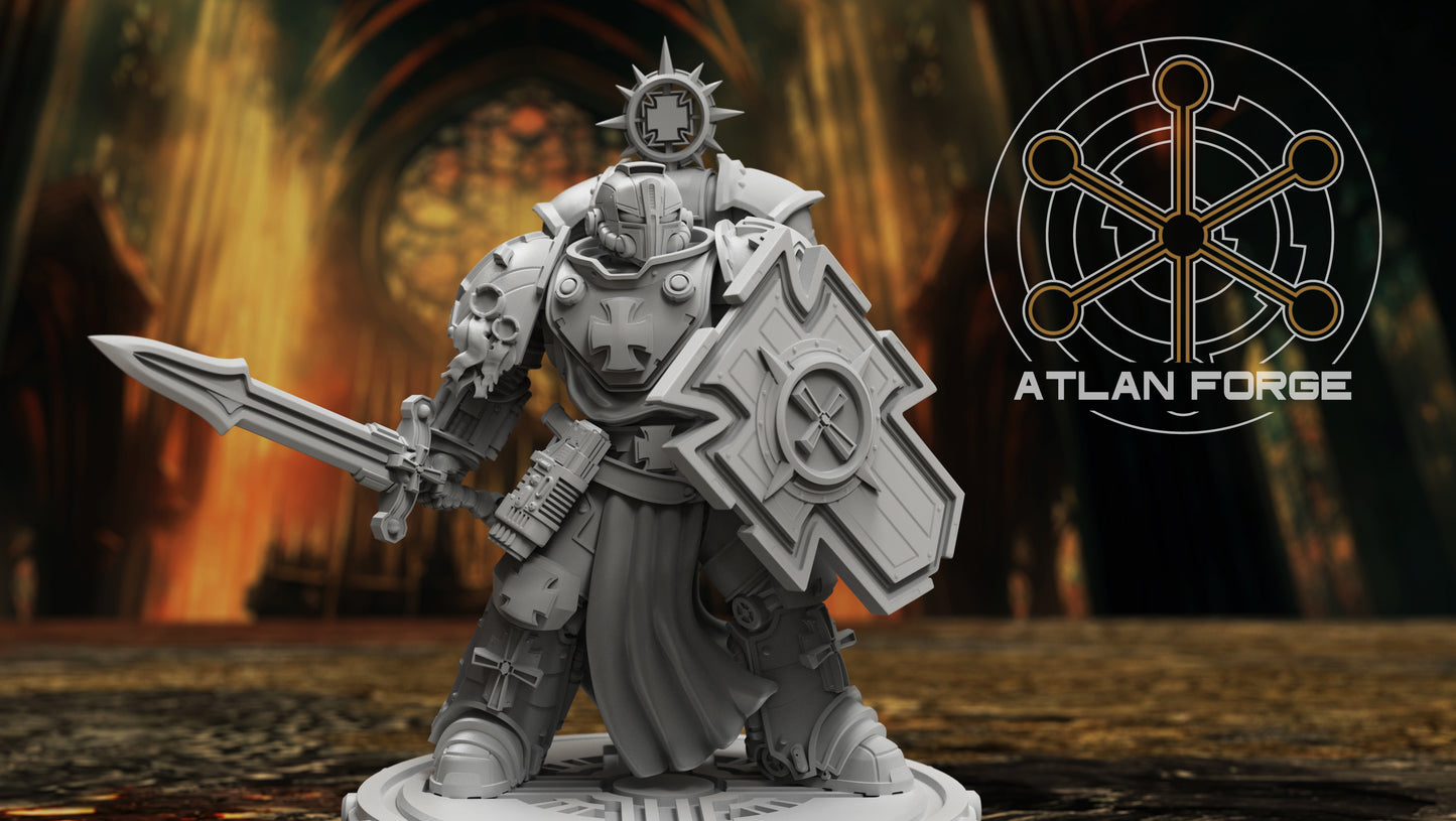 Three Templar Veterans miniatures in knightly armor, armed with weapons, designed for sci-fi tabletop gaming.