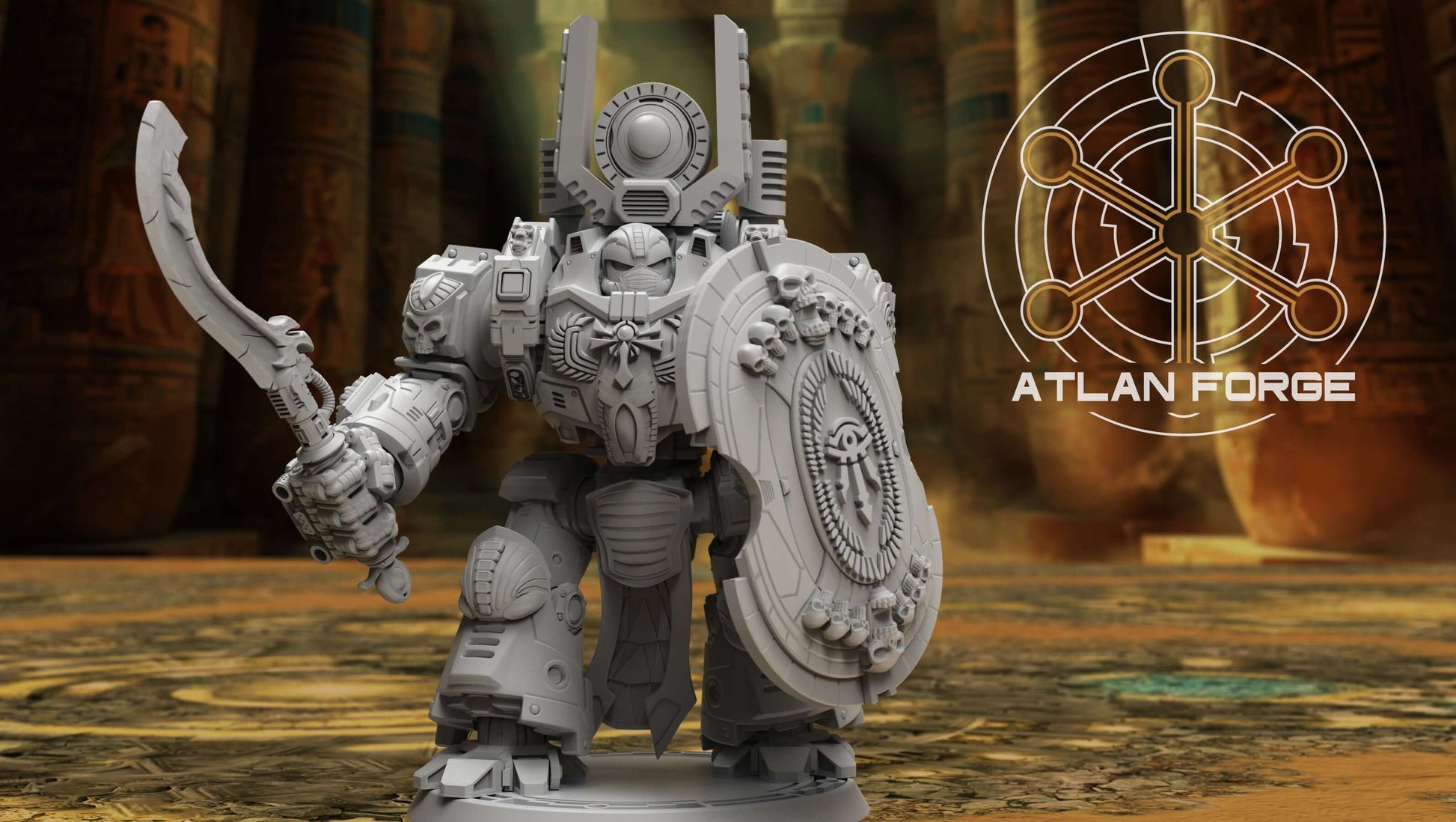 Aegyptian Velox Dreadnought modular resin miniature with ornate blue and gold armor and shield.
