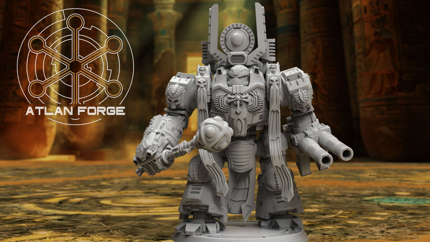 Aegyptian Velox Dreadnought modular resin miniature with ornate blue and gold armor and shield.
