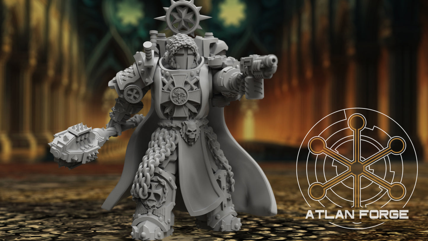 Five heavily armoured Templar Sci-Fi Warrior miniatures, wearing ornate armour and carrying chain weapons and guns.