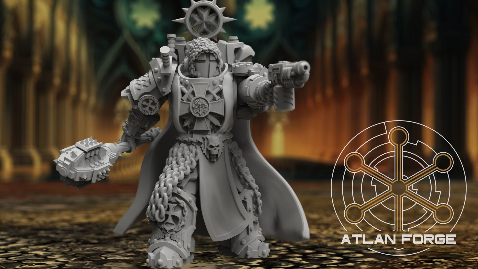 Five heavily armoured Templar Sci-Fi Warrior miniatures, wearing ornate armour and carrying chain weapons and guns.