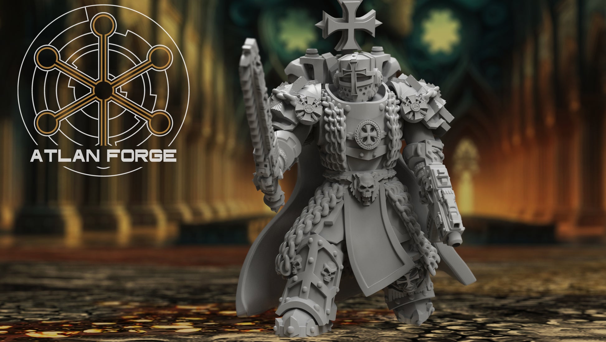 Five heavily armoured Templar Sci-Fi Warrior miniatures, wearing ornate armour and carrying chain weapons and guns.