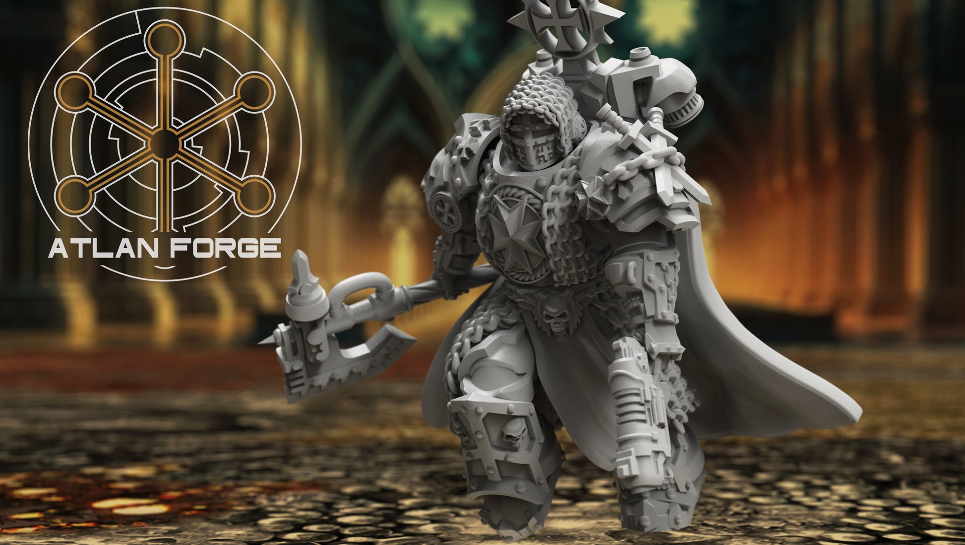 Five heavily armoured Templar Sci-Fi Warrior miniatures, wearing ornate armour and carrying chain weapons and guns.