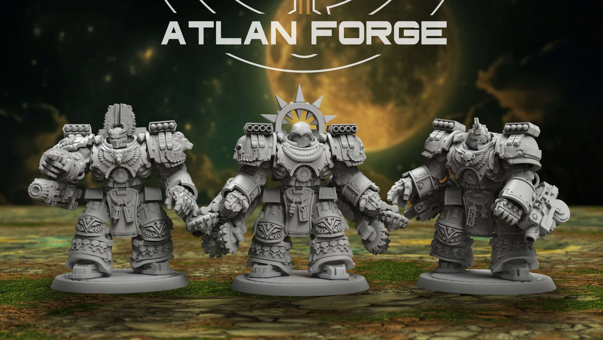 Angelic Knights Warhulks - 3 unpainted resin exo-suit heavy infantry with eagle iconography, launcher arrays, and angelic devotional armour detail