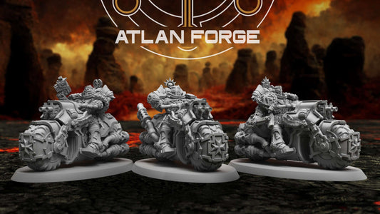 Templar Riders three crusader power armour war-bike resin miniatures with chainswords, cross iconography and modular components