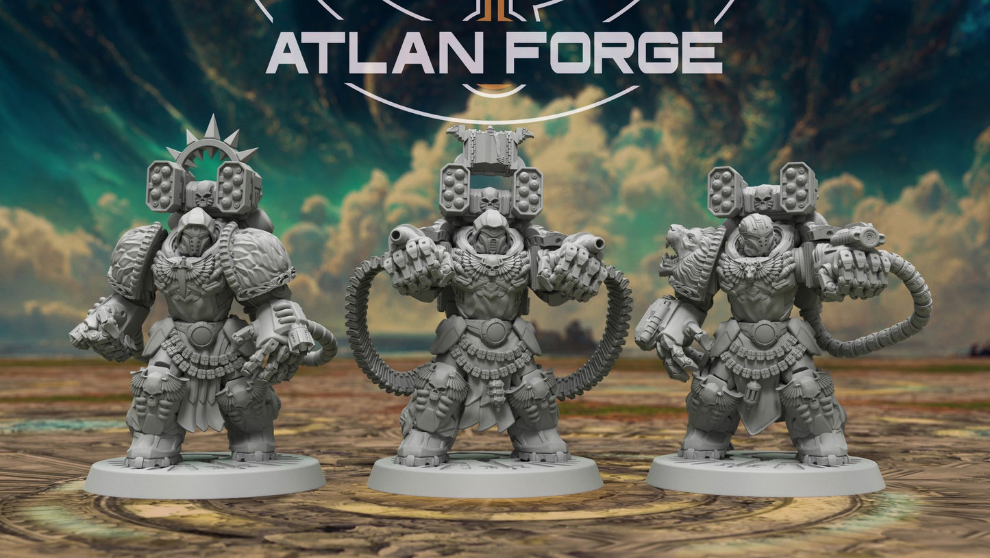 Angelic Aegis Elite squad of three 32mm resin miniatures shown front-on with modular weapon and armour options