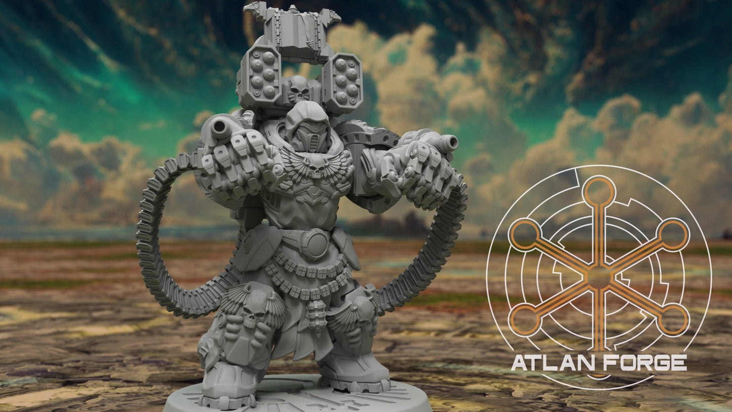 Close front view of the dual-pistol and ammo-chain variant with missile backpack and winged chest plate