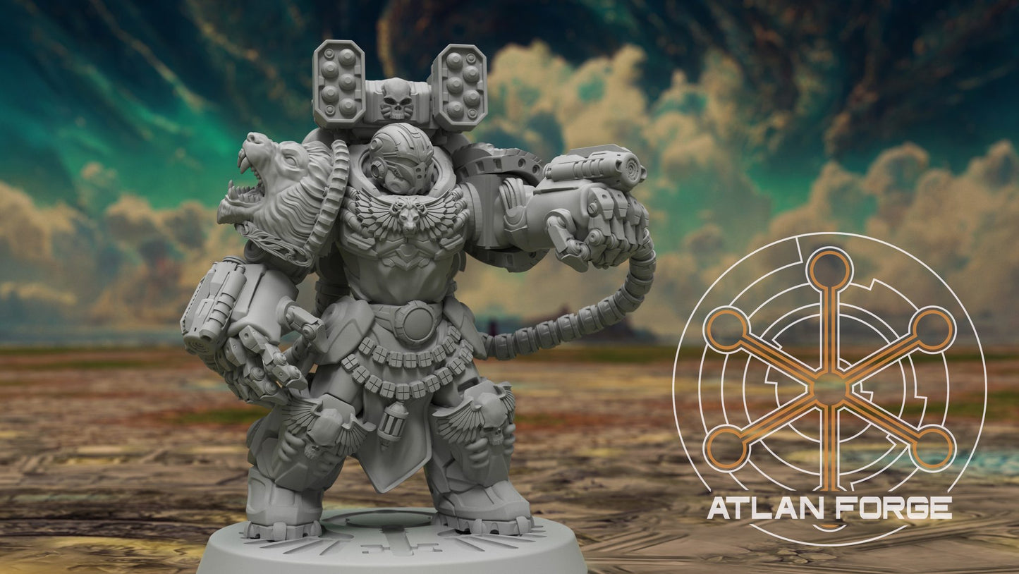 Side profile of the wolf-maw pauldron variant aiming a wrist-mounted cannon with ammo hose trailing