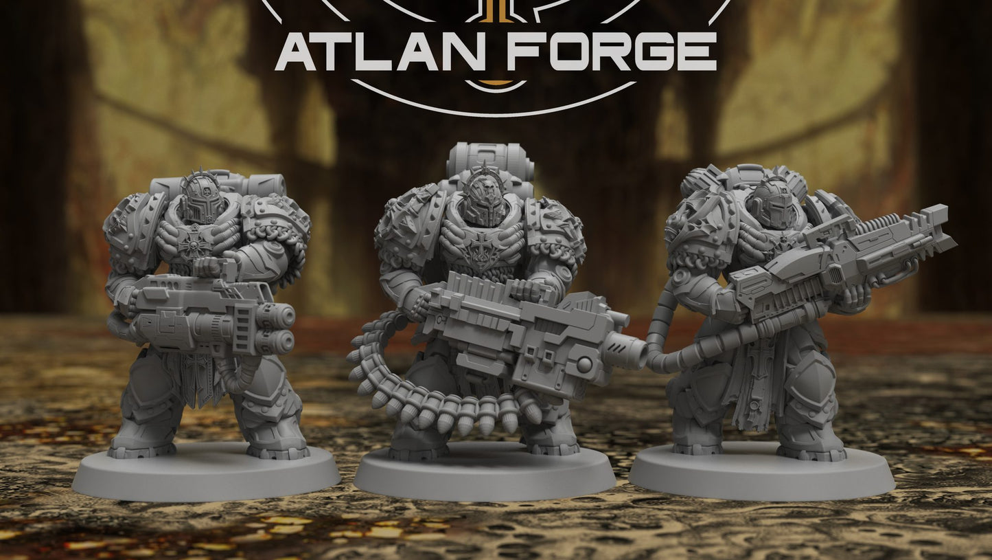 Templar Heavy Aegis three-figure squad, front view of all poses on display bases, 32mm resin miniatures by Atlan Forge