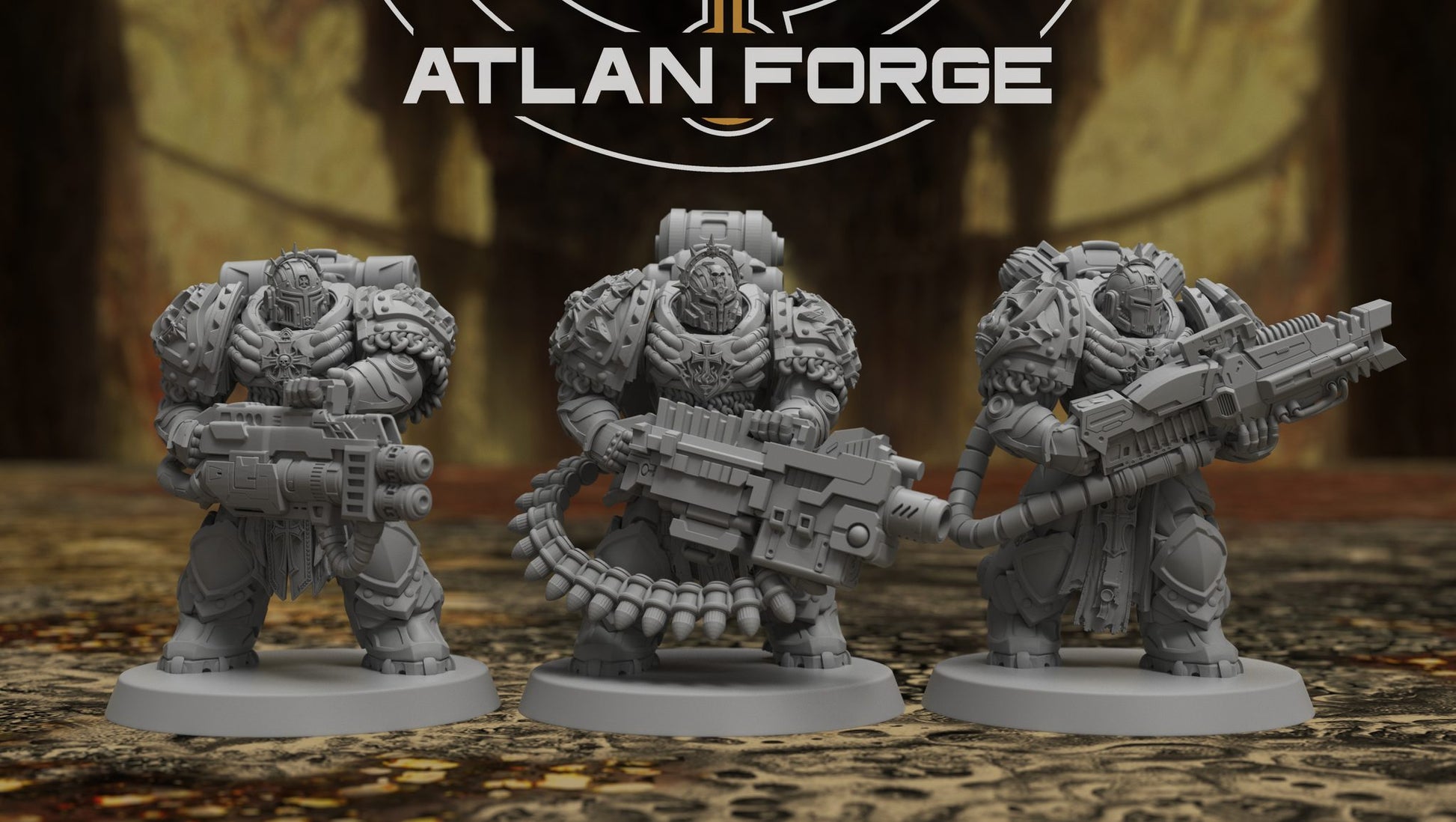 Templar Heavy Aegis three-figure squad, front view of all poses on display bases, 32mm resin miniatures by Atlan Forge