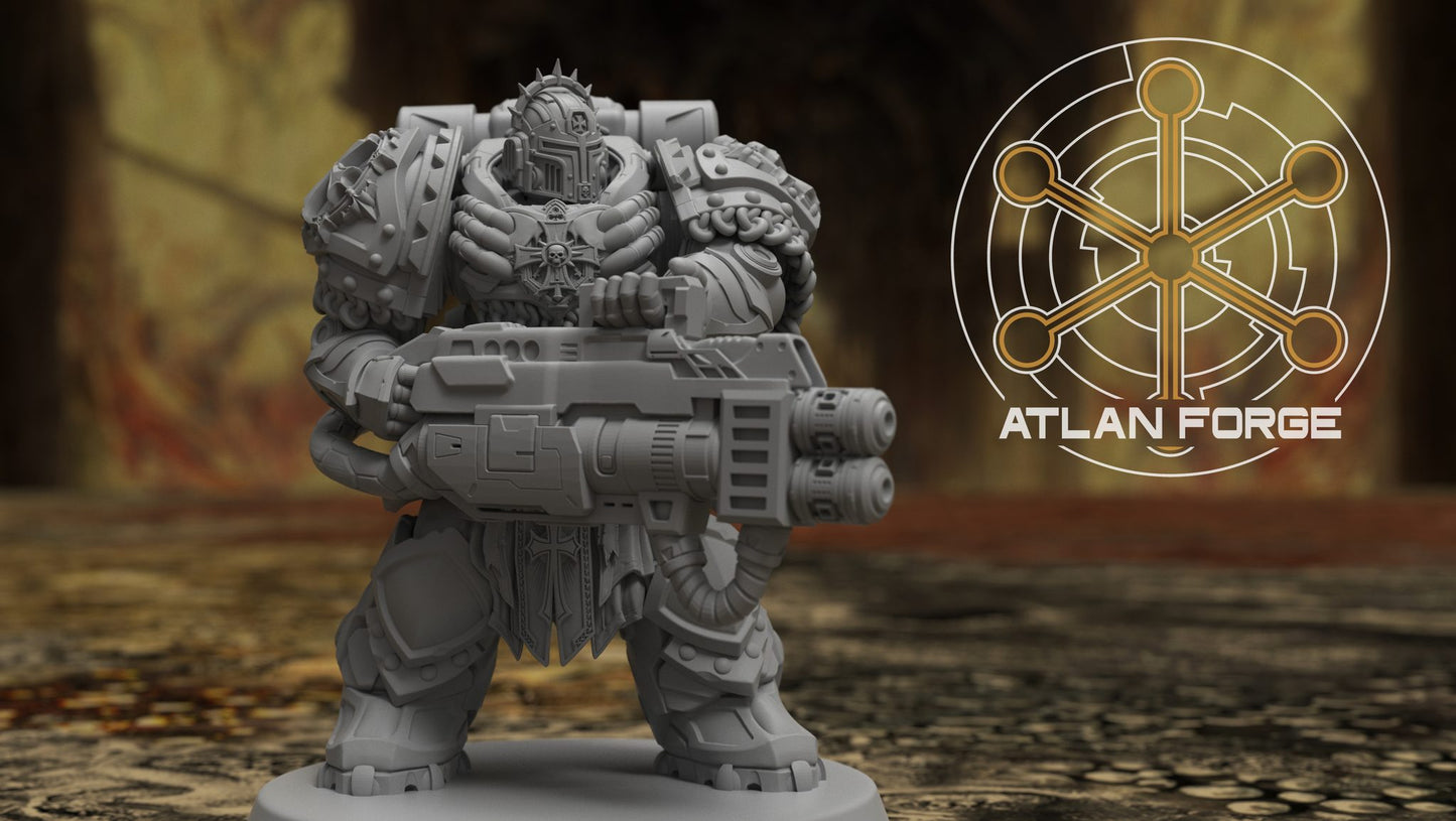 Left-facing crusader warrior with heavy bolter and ammunition belt, side profile close-up