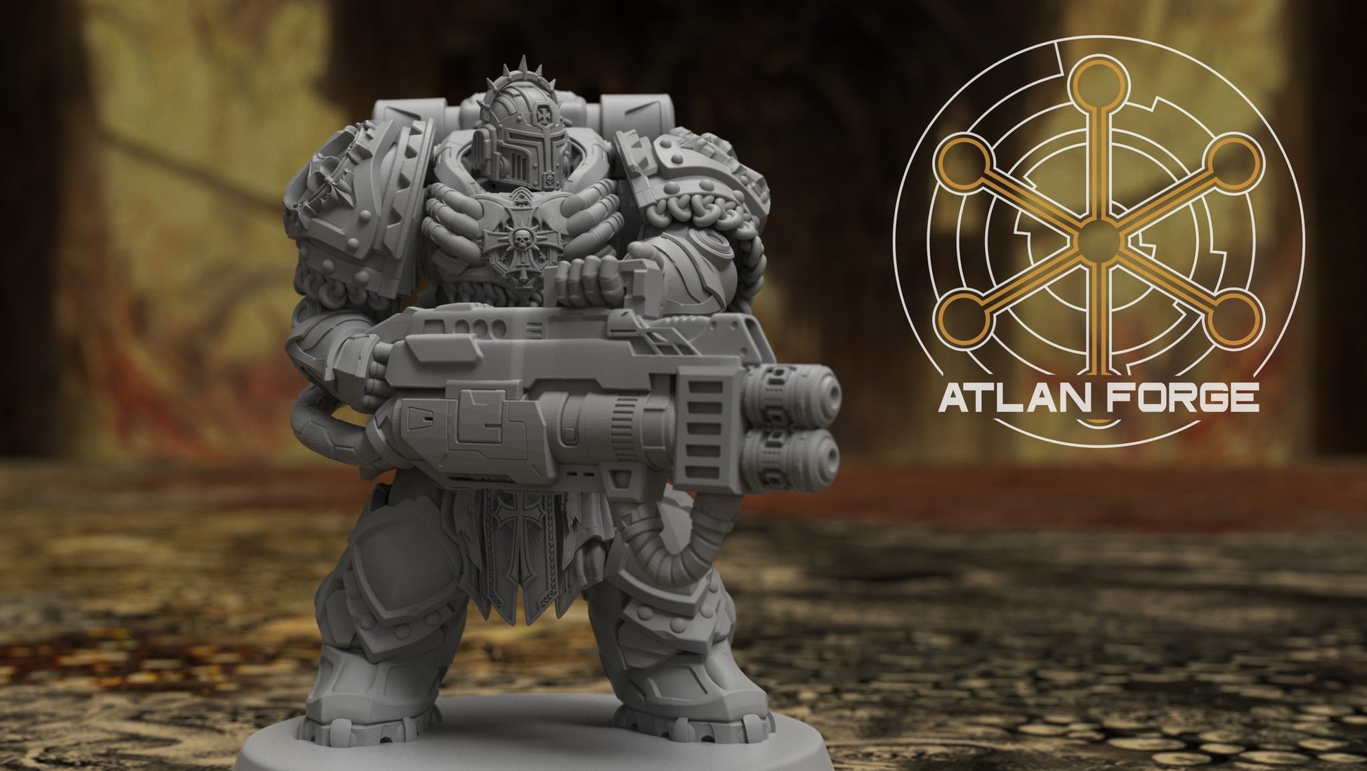 Left-facing crusader warrior with heavy bolter and ammunition belt, side profile close-up