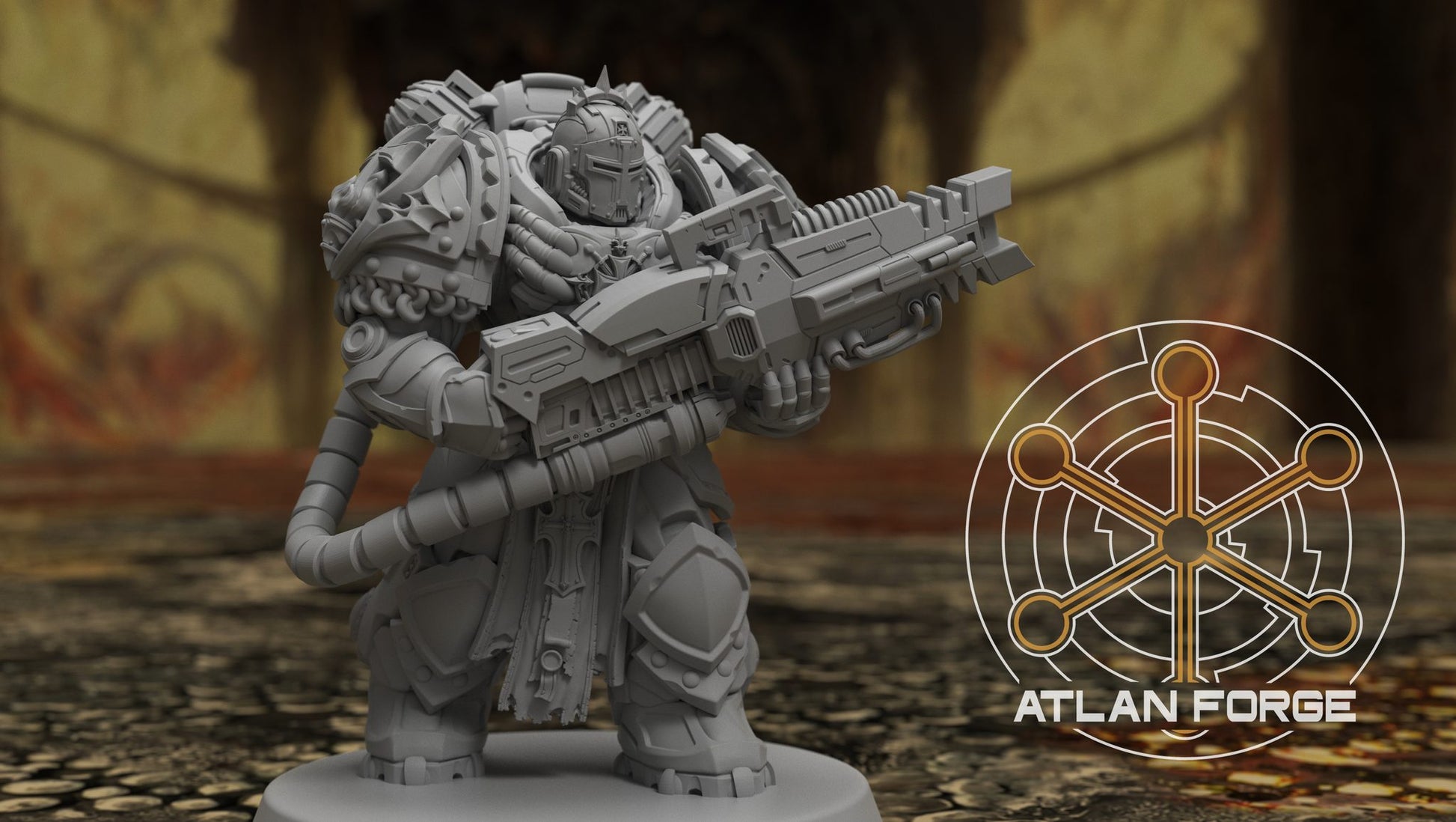 Right-facing heavy support trooper aiming siege cannon, angled front view showing weapon detail