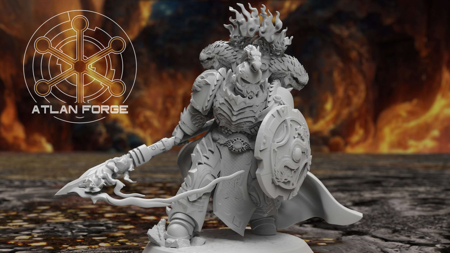 Dragon Knights Captain miniature in drake-forged war plate wielding a flaming spear and shield, exemplifying valor and might.