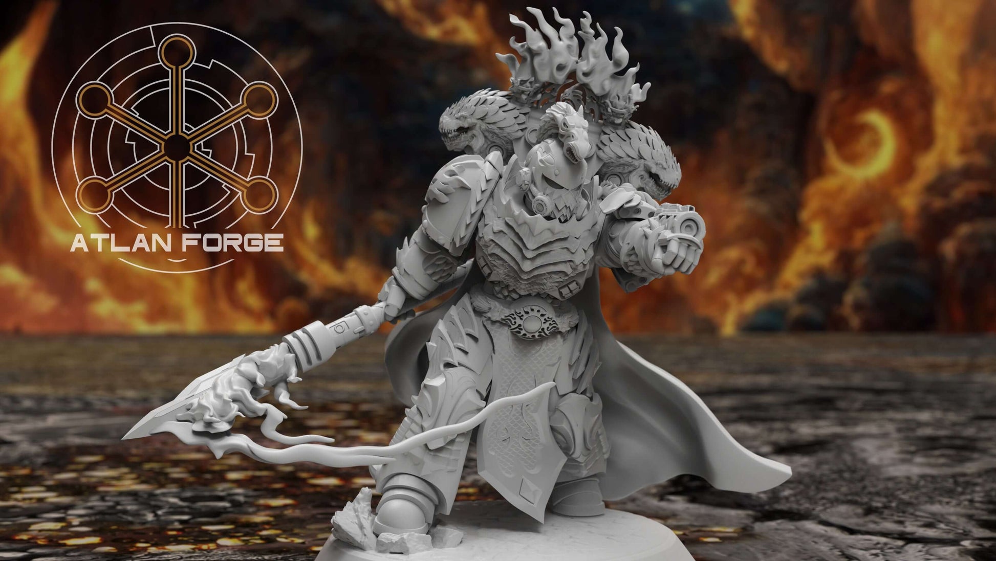 Dragon Knights Captain miniature in drake-forged war plate wielding a flaming spear and shield, exemplifying valor and might.