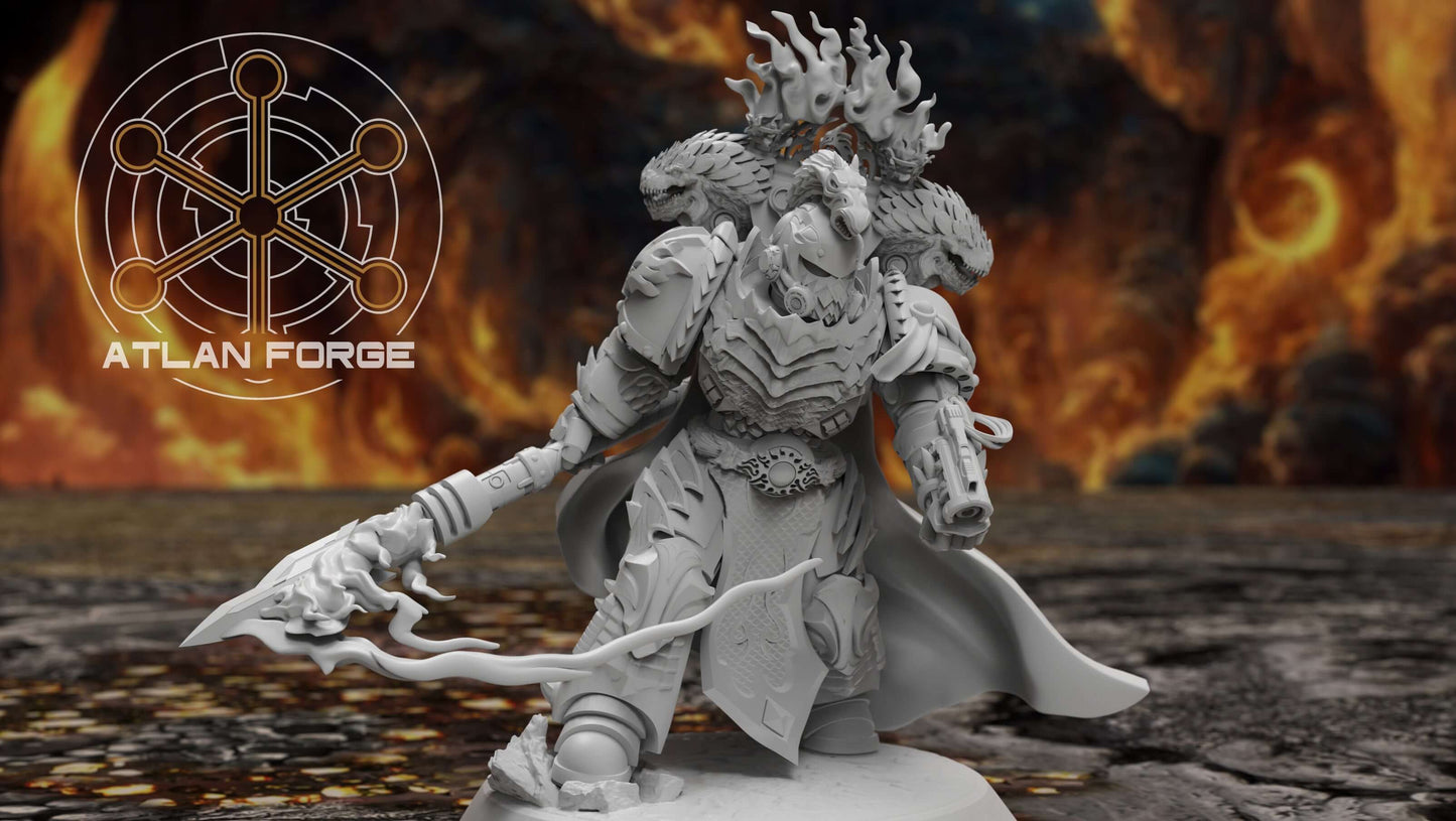 Dragon Knights Captain miniature in drake-forged war plate wielding a flaming spear and shield, exemplifying valor and might.