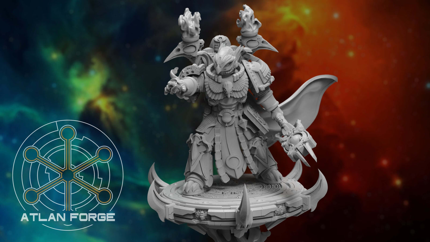 Aegyptus Arcane Master 32mm sci-fi miniature by Atlan Forge with ornate base against a vibrant cosmic background.