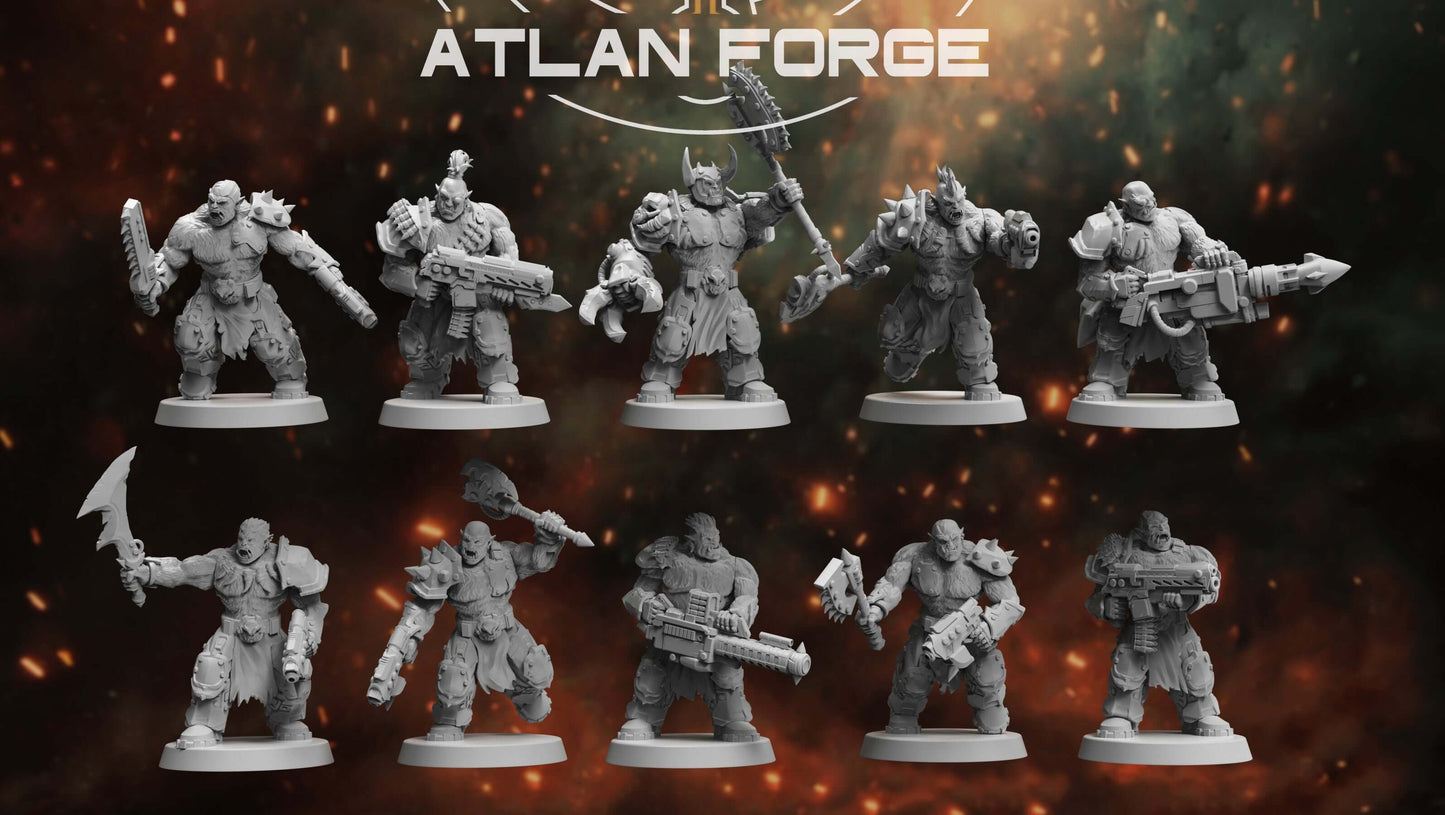 Grokk Warpack - squad of 10 unpainted resin greenskin brutes with heavy weapons, cleaver blades, and savage feral detail