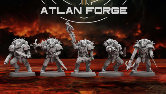 Dragon Knights Ravagers — squad of 5 unpainted resin draconic assault marines with scale armour, horned helms, and combat blades