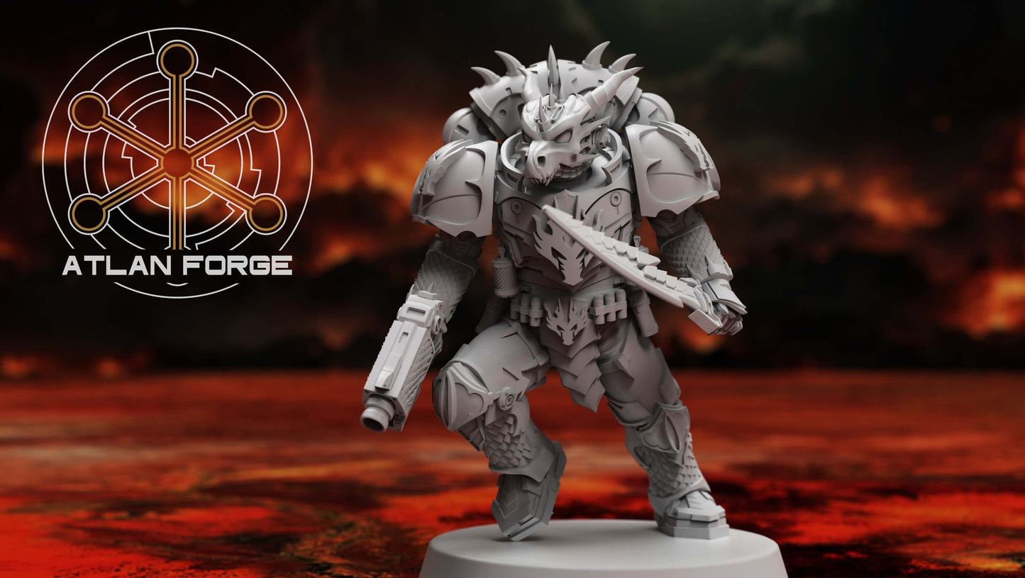 Dragon Knights Ravagers — squad of 5 unpainted resin draconic assault marines with scale armour, horned helms, and combat blades