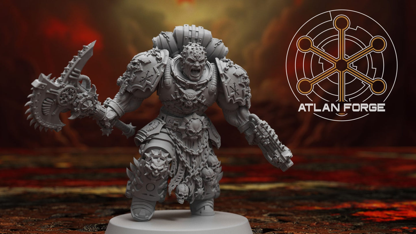 Front-facing view of the bare-headed variant with open roaring face, chaos armour and chain-draped lower body