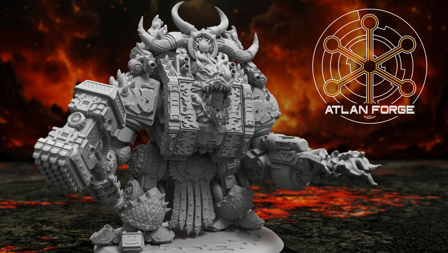 Dragon Dreadnought resin miniature by AtlanForge showing a heavily armoured mech walker with draconic iconography, scaled armour panels, twin cannons, and horned head crest, approximately 80 to 100mm tall