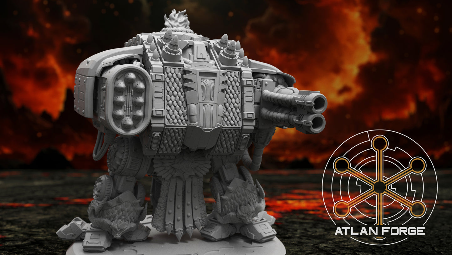 Dragon Dreadnought resin miniature by AtlanForge showing a heavily armoured mech walker with draconic iconography, scaled armour panels, twin cannons, and horned head crest, approximately 80 to 100mm tall