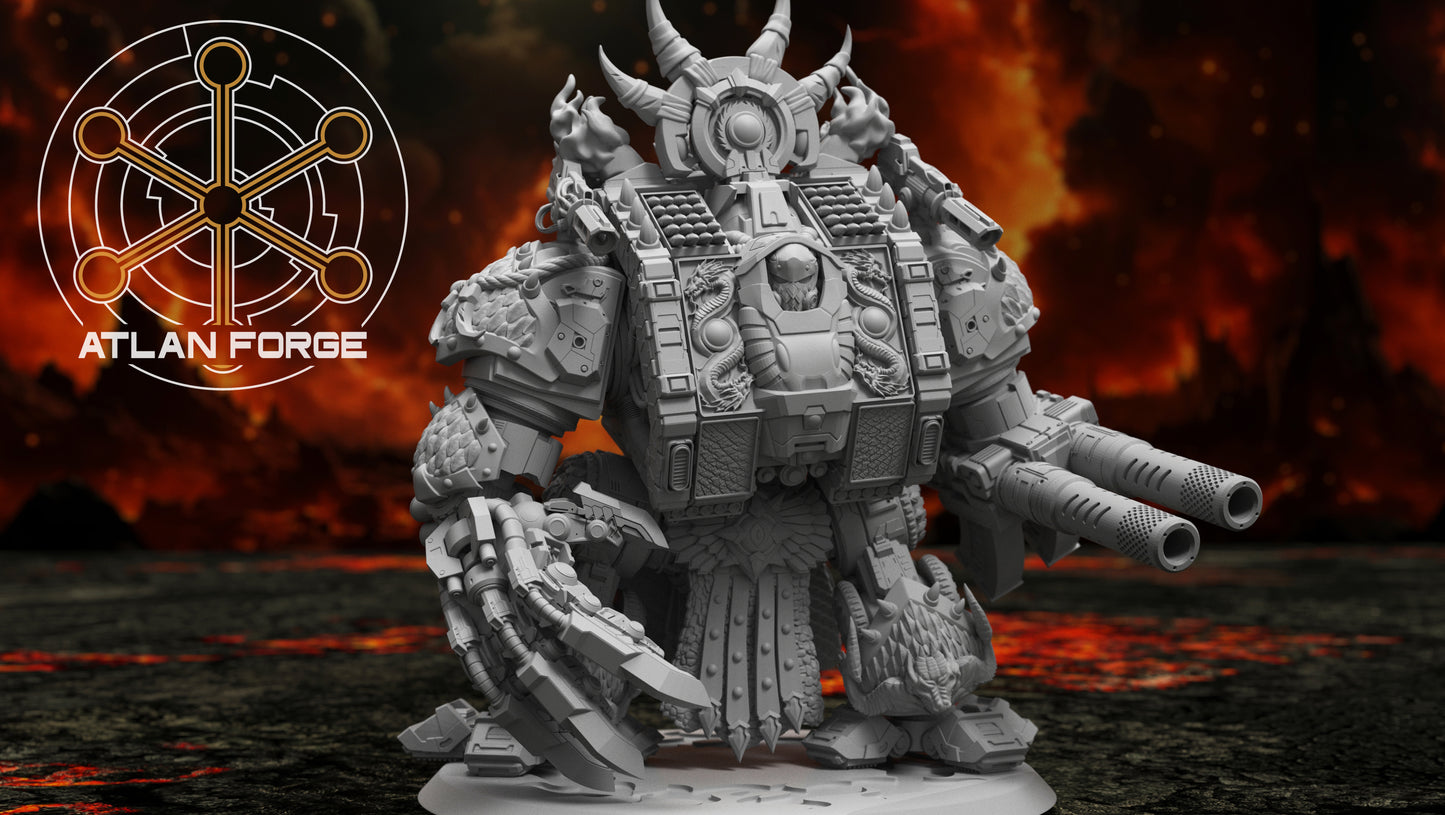 Dragon Dreadnought resin miniature by AtlanForge showing a heavily armoured mech walker with draconic iconography, scaled armour panels, twin cannons, and horned head crest, approximately 80 to 100mm tall