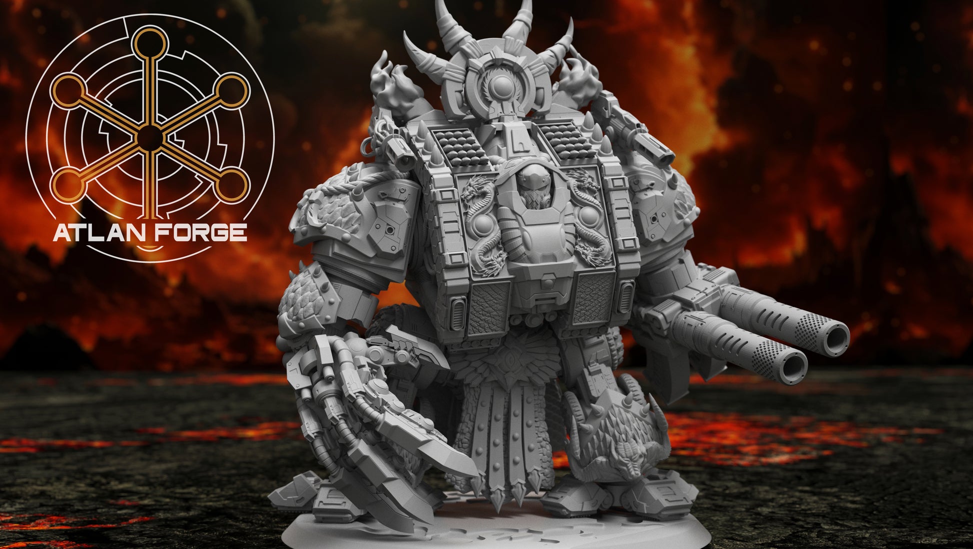 Dragon Dreadnought resin miniature by AtlanForge showing a heavily armoured mech walker with draconic iconography, scaled armour panels, twin cannons, and horned head crest, approximately 80 to 100mm tall