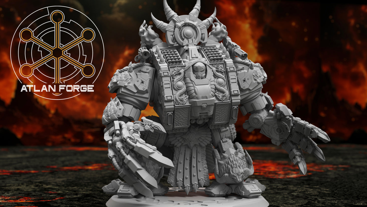 Dragon Dreadnought resin miniature by AtlanForge showing a heavily armoured mech walker with draconic iconography, scaled armour panels, twin cannons, and horned head crest, approximately 80 to 100mm tall