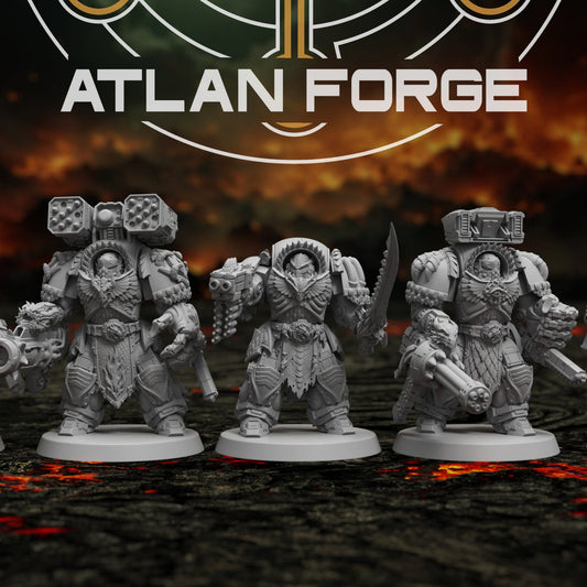Dragon Infernos squad of five 32mm resin miniatures by Atlan Forge, front group shot on lava terrain