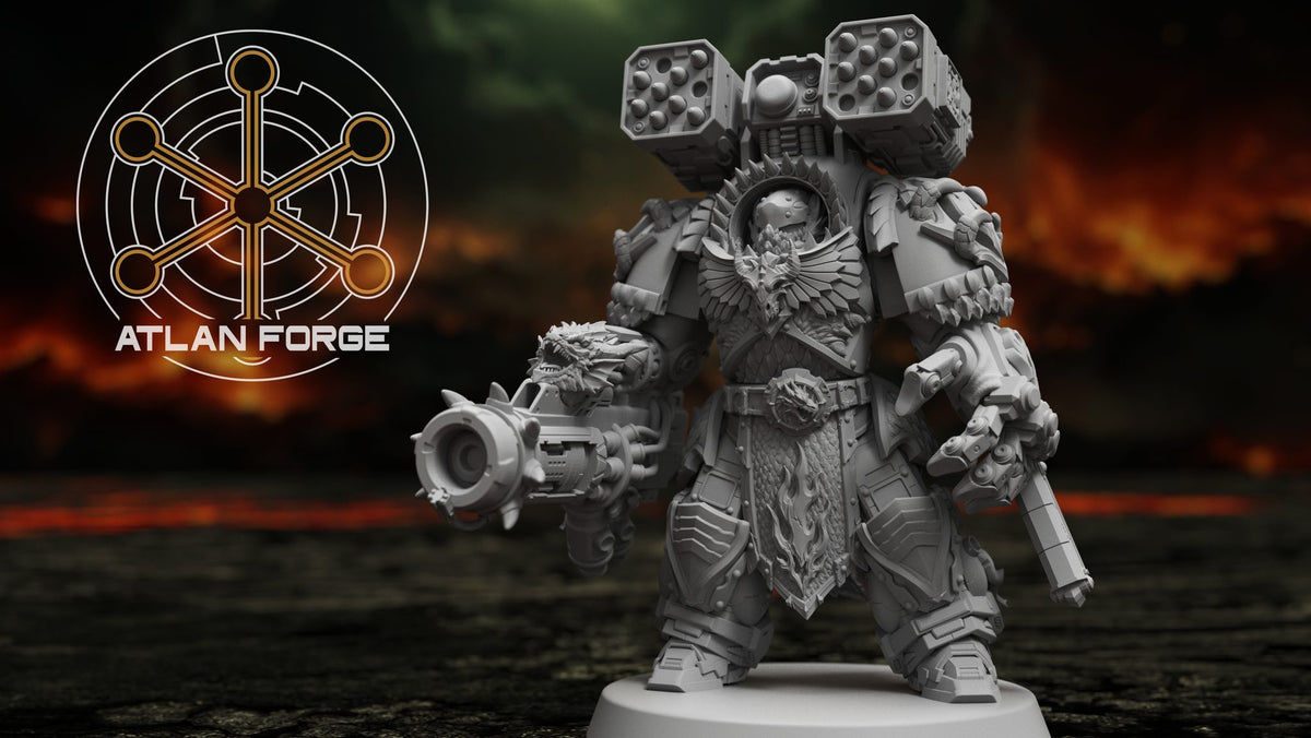 Close-up front view of the missile battery warrior holding a dragon-mawed plasma weapon