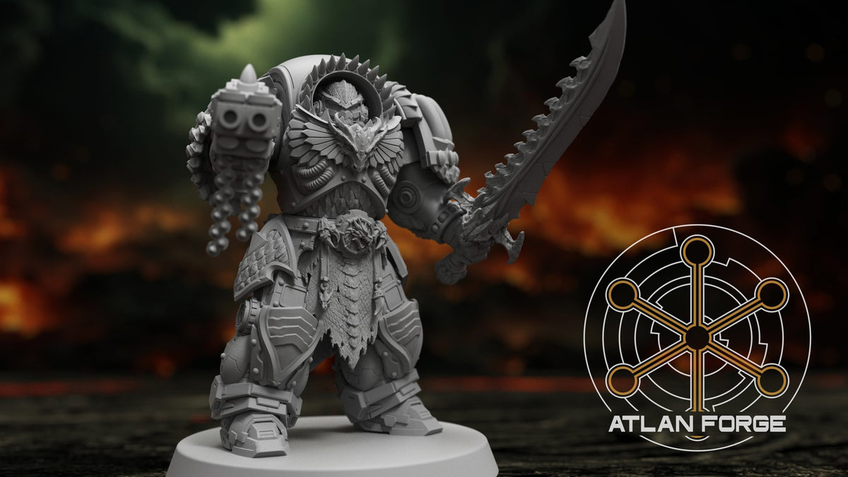 Front view of the chainblade warrior raising a serrated sword overhead with grenades on pauldron