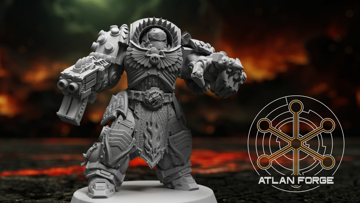 Front view of the headless heavy with rotary cannon and powered fist, wide combat stance