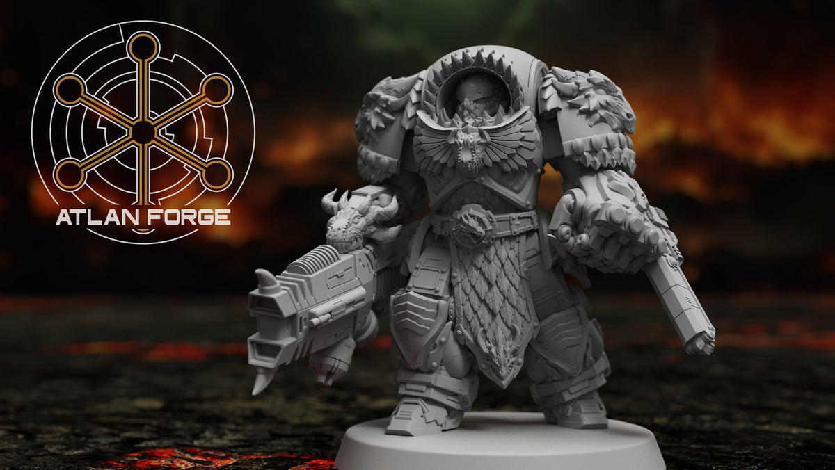 Front view of the bolter warrior with horned beast skull weapon mount and combat blade at hip