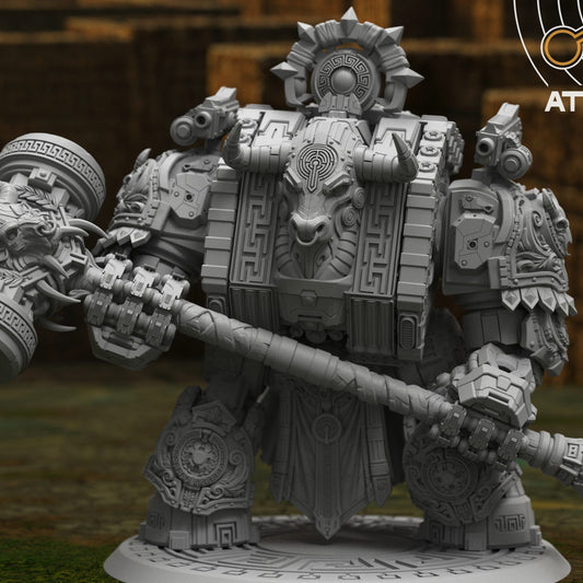 Minoan Knossian Dreadnought front three-quarter view showing hammer weapon, bull-chest panel and sun-disc halo, 32mm resin miniature