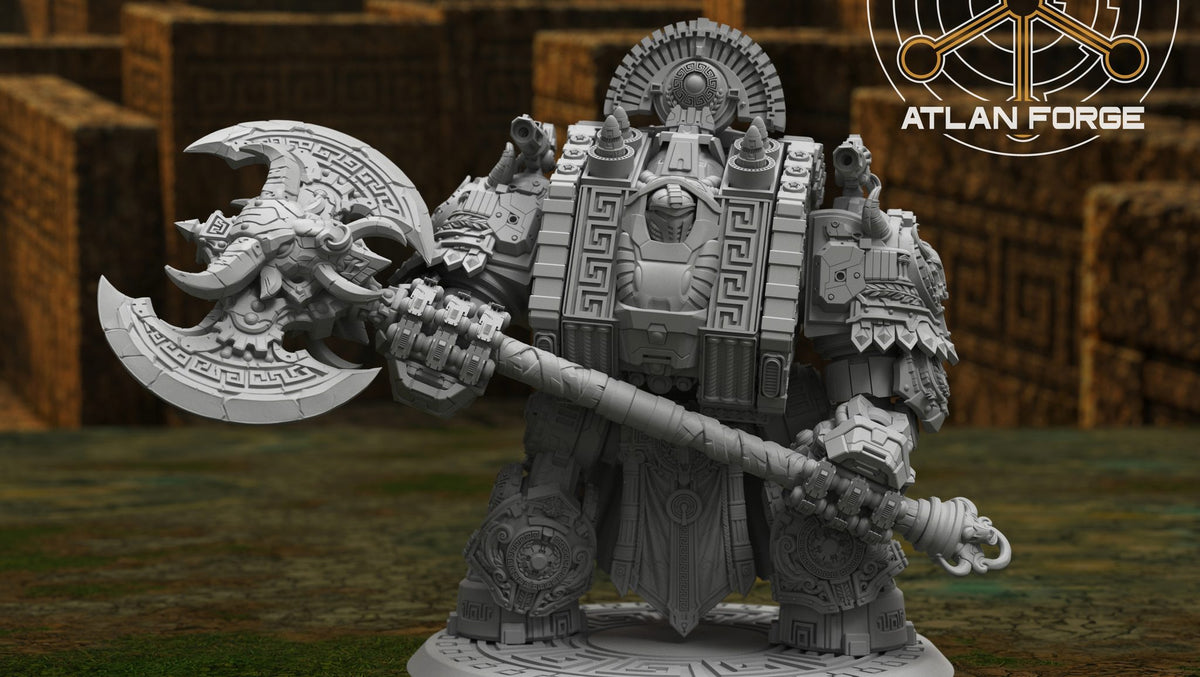 Front three-quarter view with large double-headed axe weapon, showing labyrinth chest engraving and horned shoulder detail