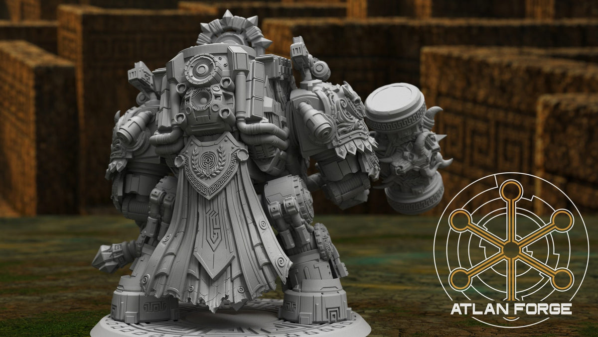 Rear view showing back of torso with laurel shield emblem, cloak panel, and full rear armour plating detail