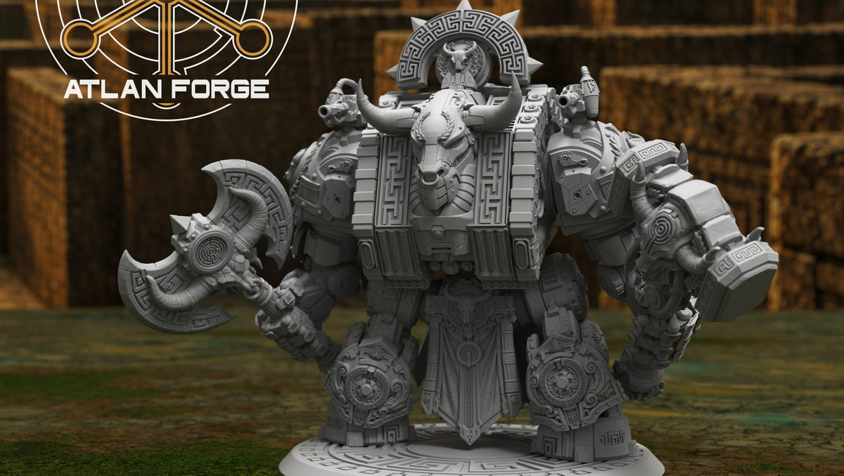 Front-on view showing bull-skull chest variant and horned head ornament, axe lowered in right hand